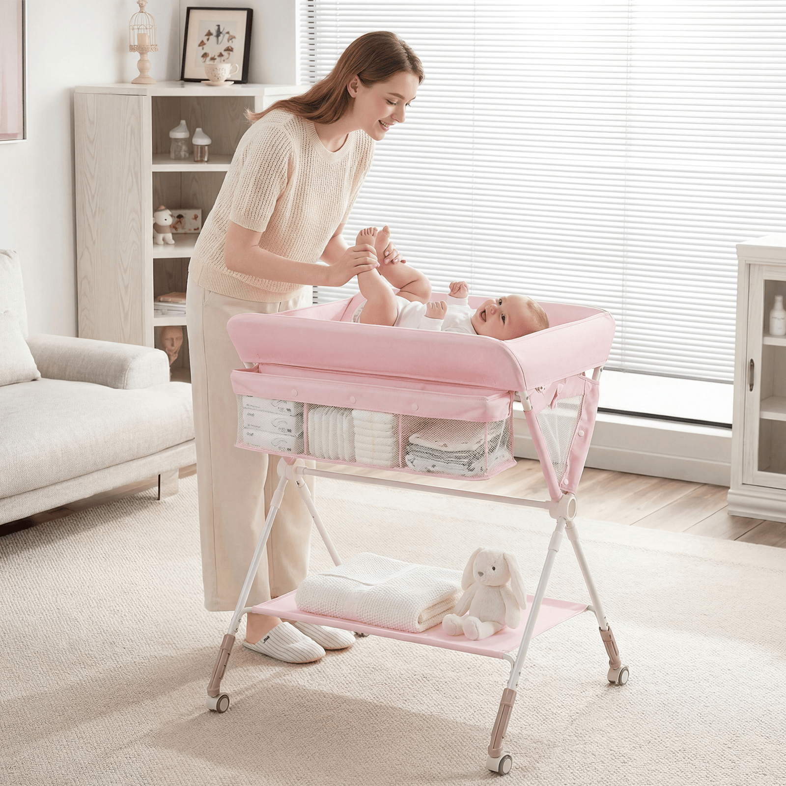 Sulankstomas Vystymo Stalas Su Ratukais 81 x 66,5 x 95–101 cm Rožinis Vystymo Stalai