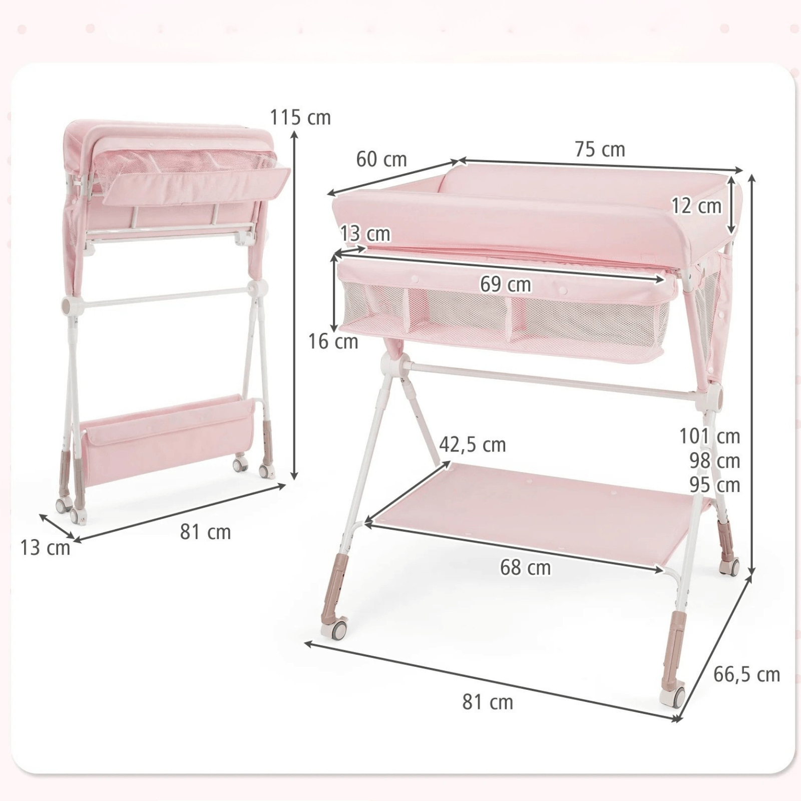 Sulankstomas Vystymo Stalas Su Ratukais 81 x 66,5 x 95–101 cm Rožinis Vystymo Stalai
