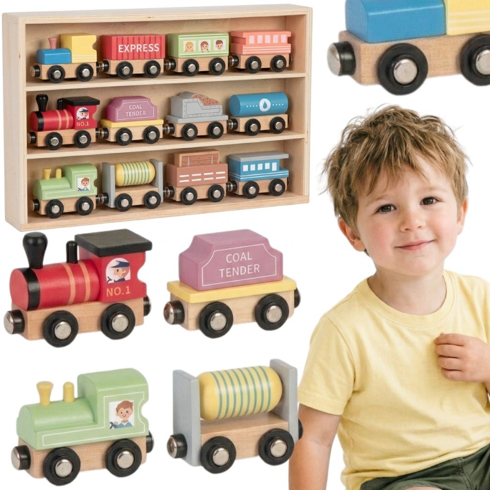 Tooky Toy Magnetiniai Mediniai Vagonėliai, 12 Dalių