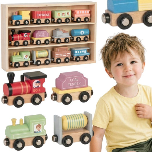 Tooky Toy Magnetiniai Mediniai Vagonėliai, 12 Dalių