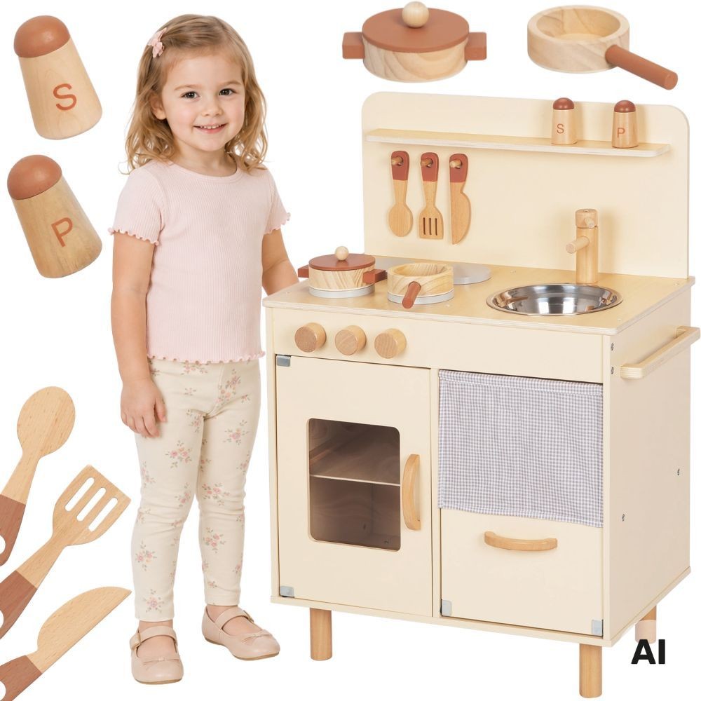 Tooky Toy smėlio spalvos medinė virtuvėlė su priedais – nuotrauka 1