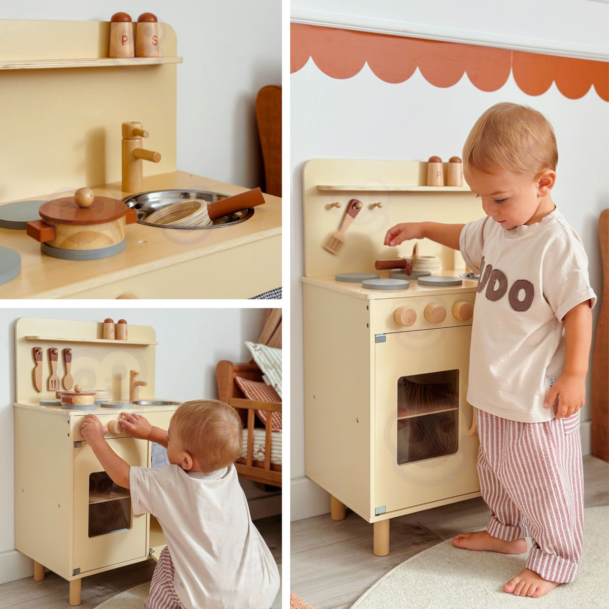 Tooky Toy smėlio spalvos medinė virtuvėlė su priedais – nuotrauka 3