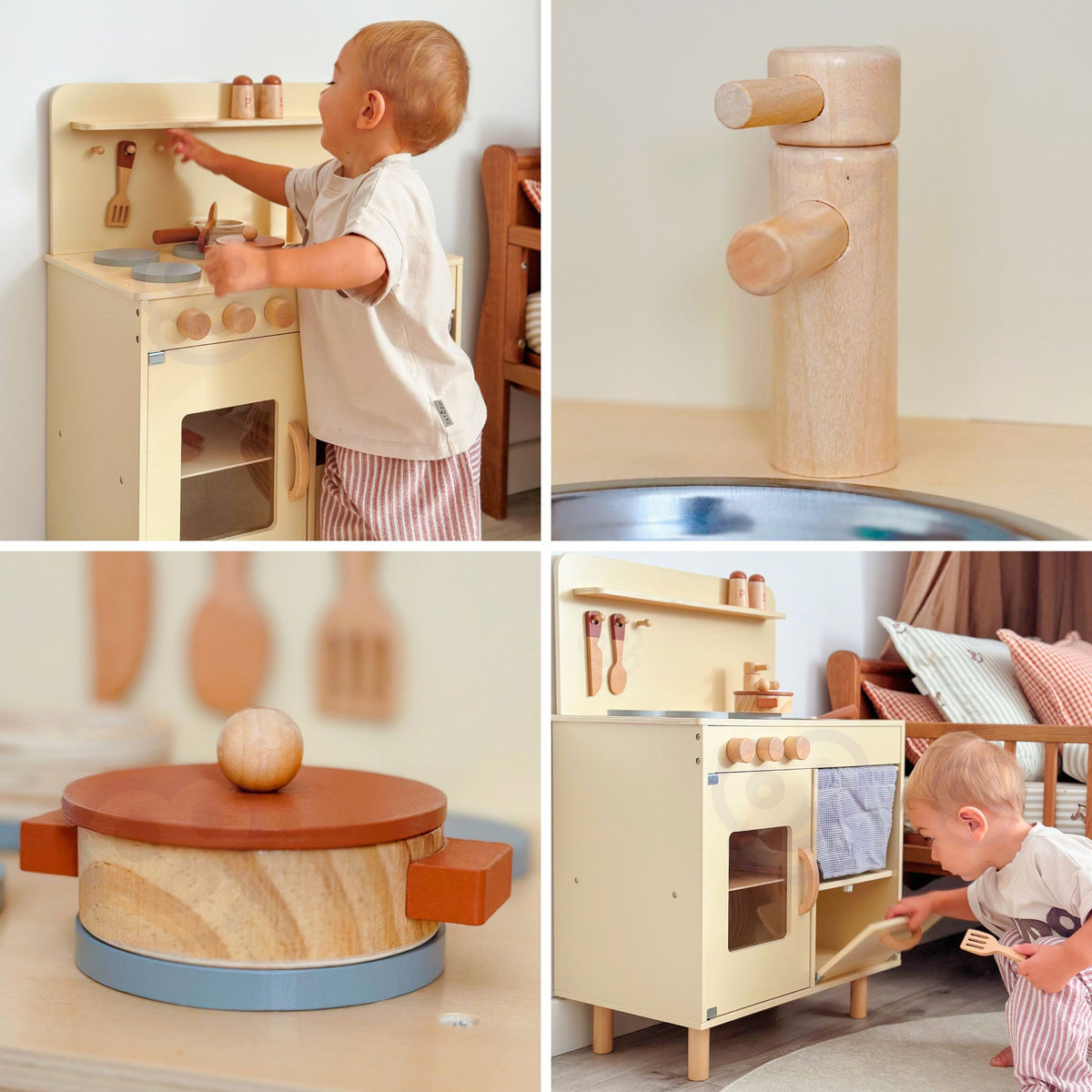 Tooky Toy smėlio spalvos medinė virtuvėlė su priedais – nuotrauka 5