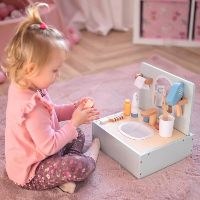 Tooky Toy Medinė Kriauklė Su Veidrodžiu Ir Aksesuarais Vaikams Kosmetinis Staliukas