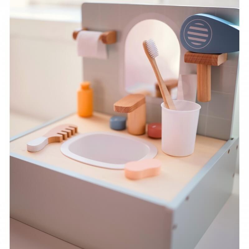 Tooky Toy Medinė Kriauklė Su Veidrodžiu Ir Aksesuarais Vaikams Kosmetinis Staliukas