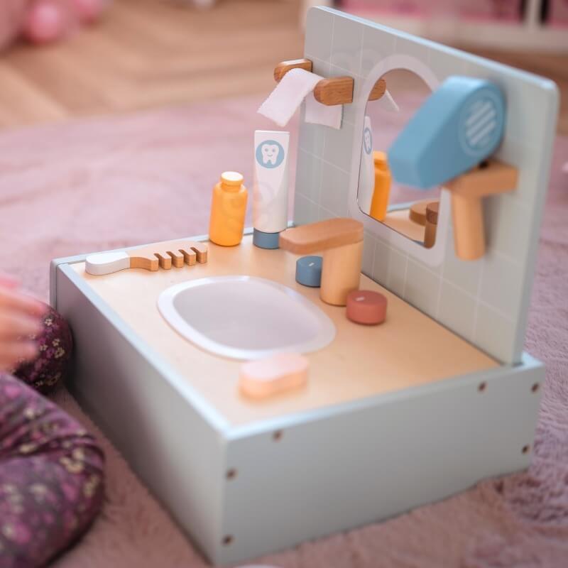 Tooky Toy Medinė Kriauklė Su Veidrodžiu Ir Aksesuarais Vaikams Kosmetinis Staliukas