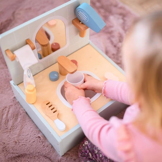 Tooky Toy Medinė Kriauklė Su Veidrodžiu Ir Aksesuarais Vaikams Kosmetinis Staliukas