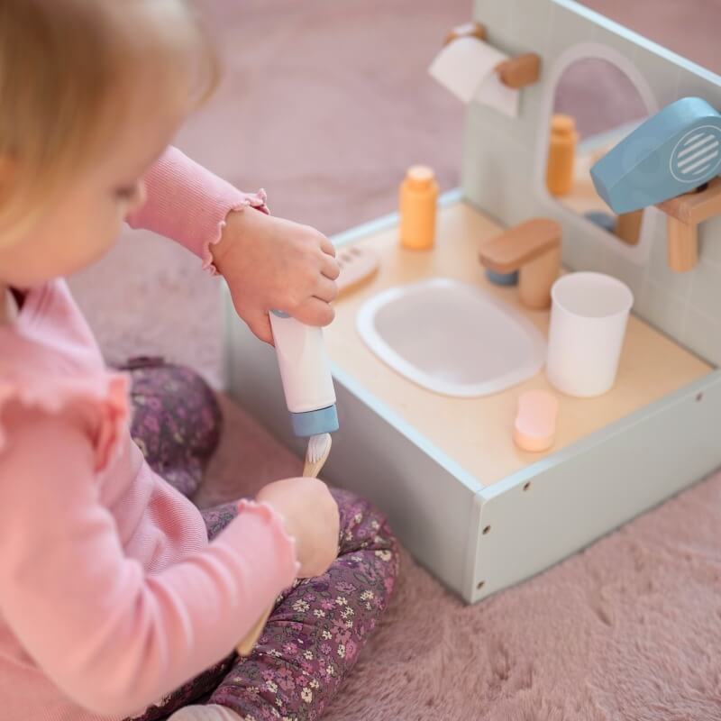 Tooky Toy Medinė Kriauklė Su Veidrodžiu Ir Aksesuarais Vaikams Kosmetinis Staliukas