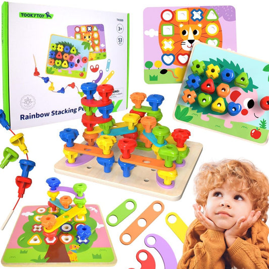 Tooky Toy medinė Montessori konstravimo ir vėrimo lenta