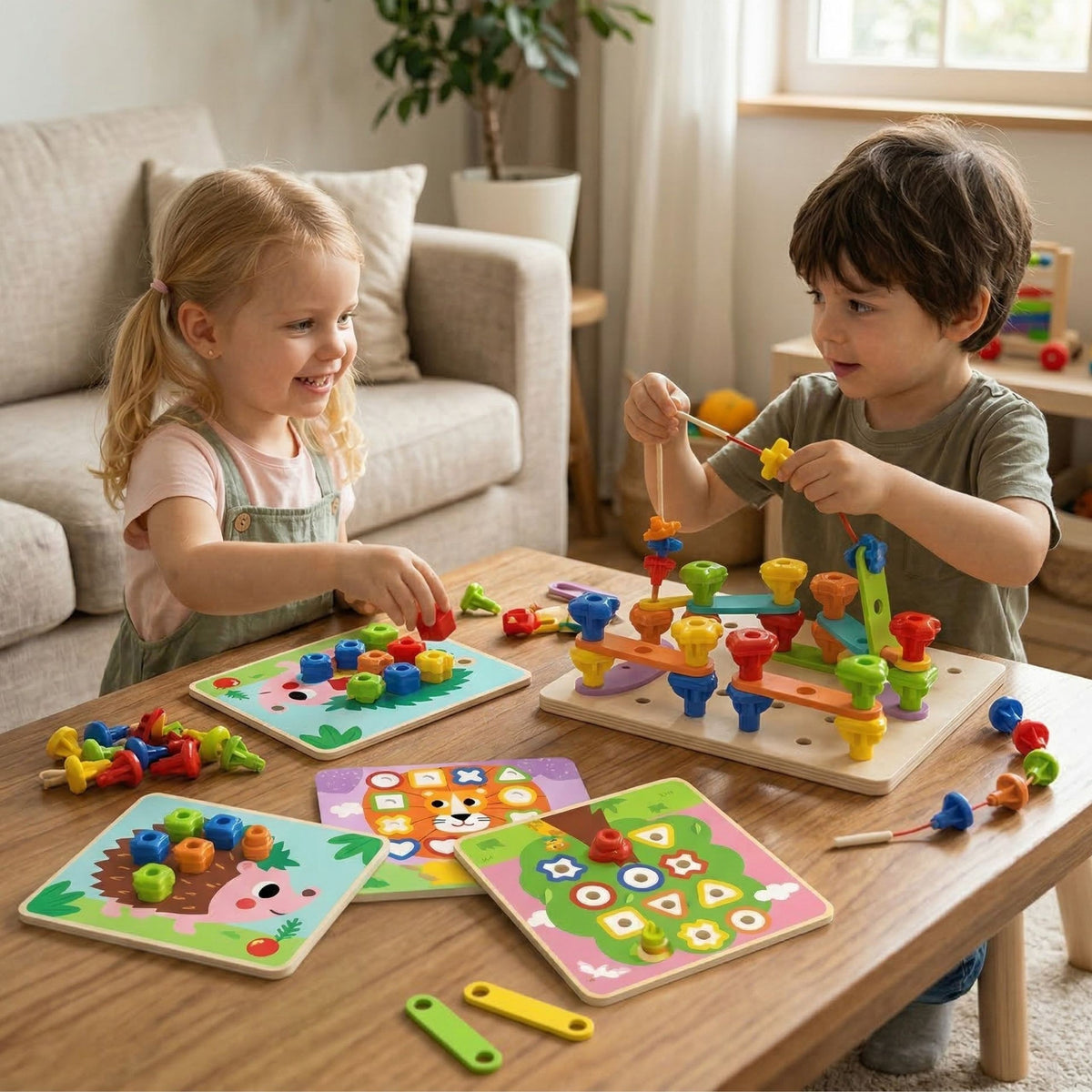 Tooky Toy medinė Montessori konstravimo ir vėrimo lenta