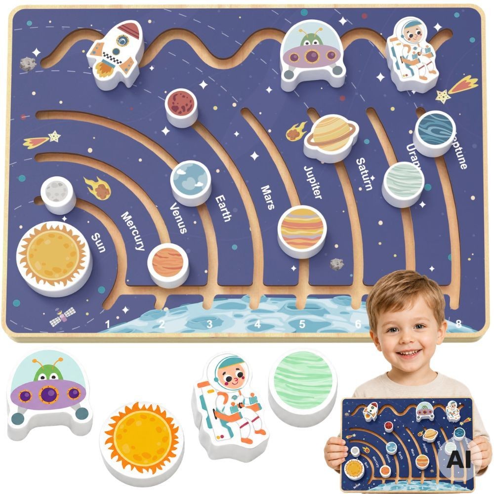 Tooky Toy medinė Saulės sistemos labirinto lenta – nuotrauka 1