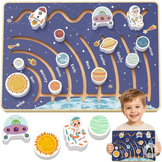 Tooky Toy medinė Saulės sistemos labirinto lenta – nuotrauka 1
