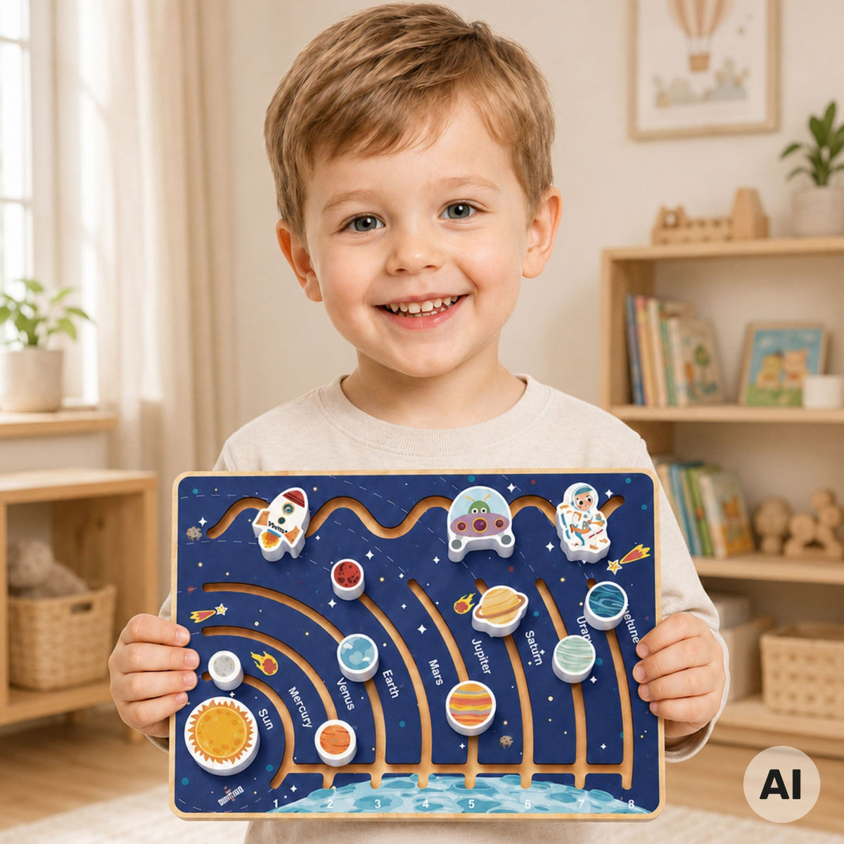 Tooky Toy medinė Saulės sistemos labirinto lenta – nuotrauka 2