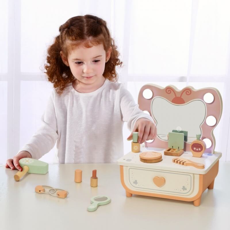Tooky Toy Medinis Grožio Staliukas Su LED Veidrodžiu Ir Aksesuarais Kosmetinis Staliukas