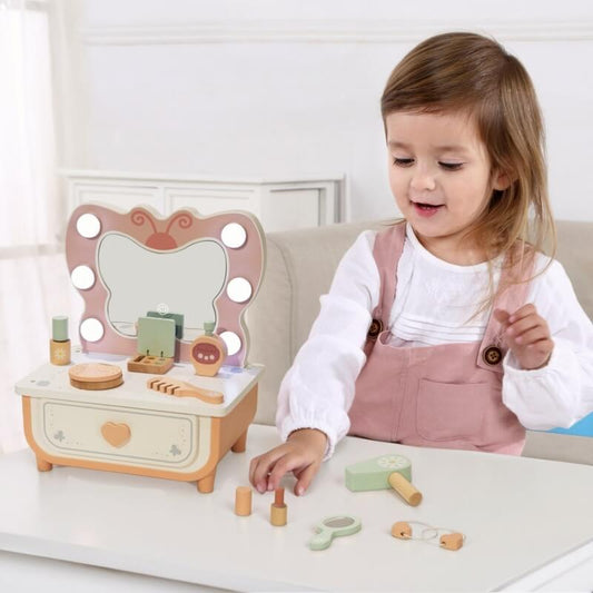 Tooky Toy Medinis Grožio Staliukas Su LED Veidrodžiu Ir Aksesuarais Kosmetinis Staliukas