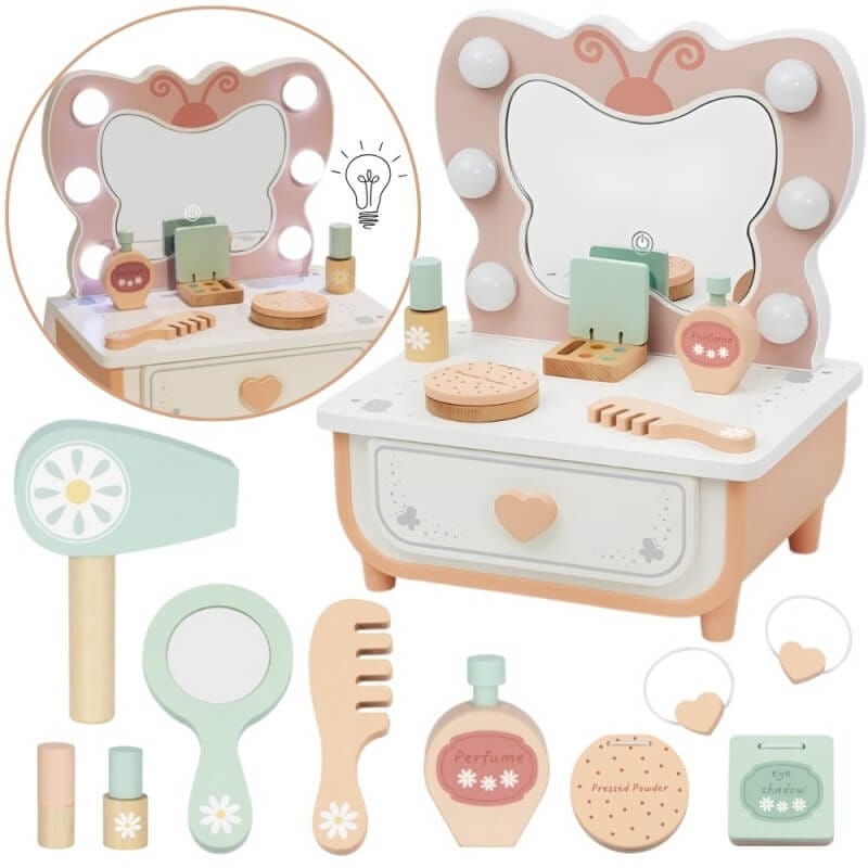 Tooky Toy Medinis Grožio Staliukas Su LED Veidrodžiu Ir Aksesuarais Kosmetinis Staliukas