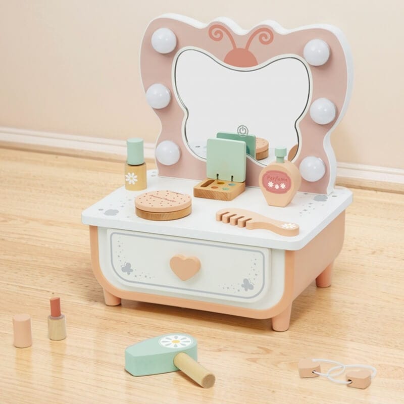 Tooky Toy Medinis Grožio Staliukas Su LED Veidrodžiu Ir Aksesuarais Kosmetinis Staliukas