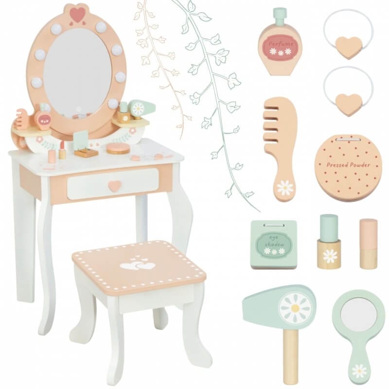 Tooky Toy Medinis Kosmetinis Staliukas Su Aksesuarais Ir Kėde Kosmetinis Staliukas