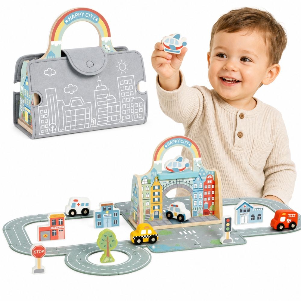 Tooky Toy nešiojamas medinis miesto rinkinys su krepšiu – nuotrauka 1