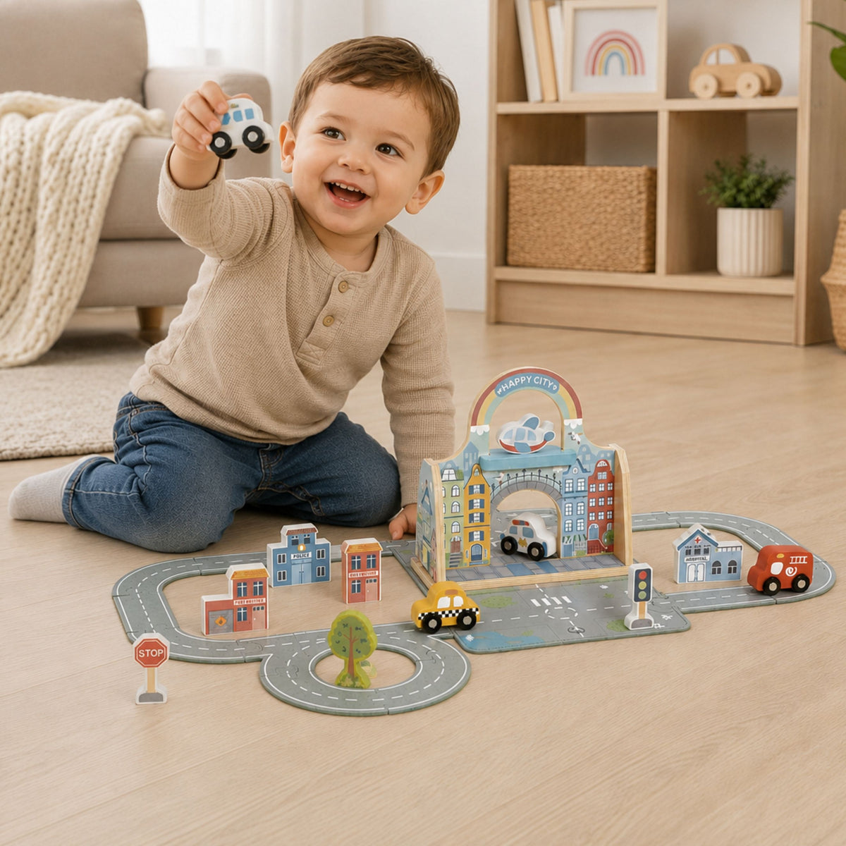 Tooky Toy nešiojamas medinis miesto rinkinys su krepšiu – nuotrauka 3
