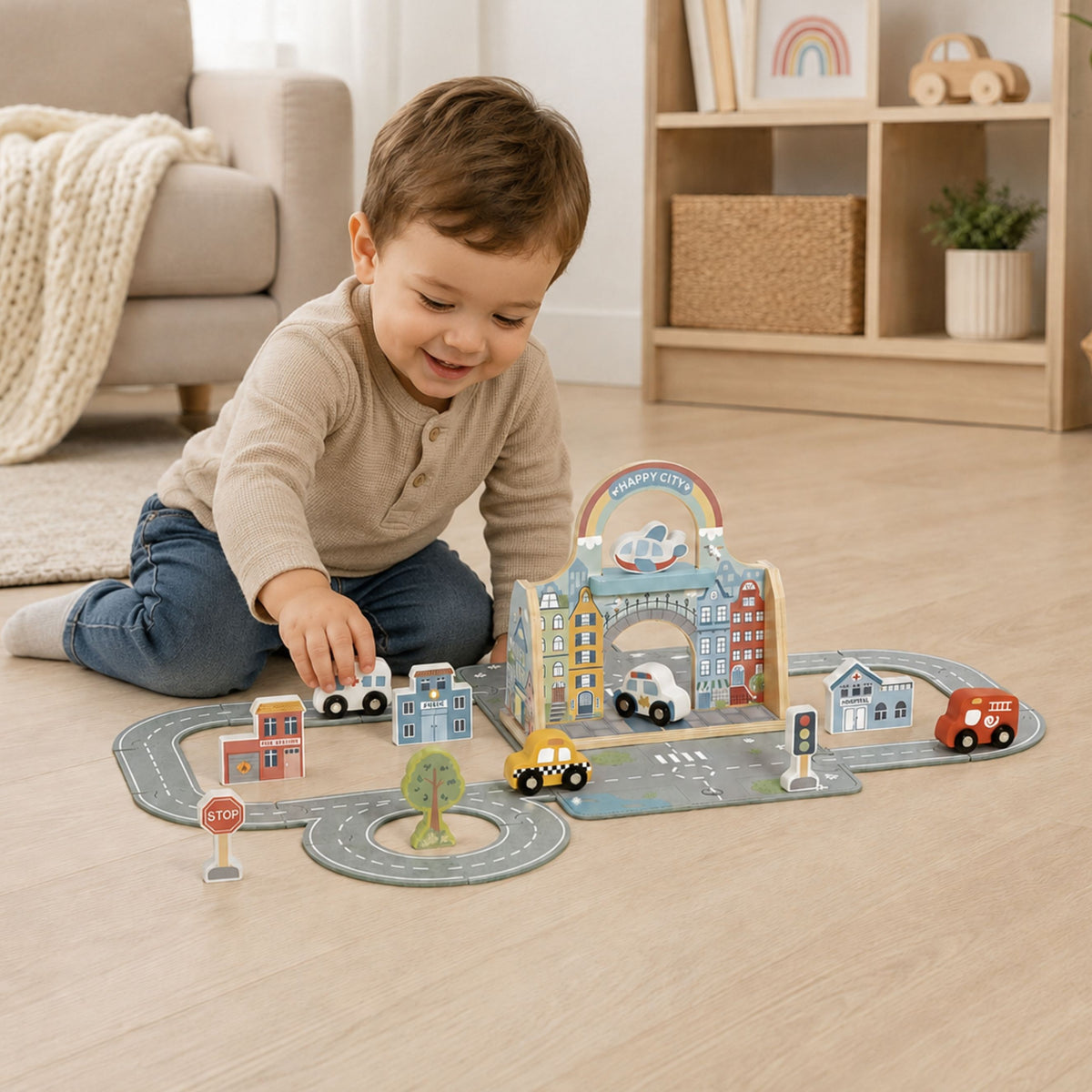 Tooky Toy nešiojamas medinis miesto rinkinys su krepšiu – nuotrauka 4