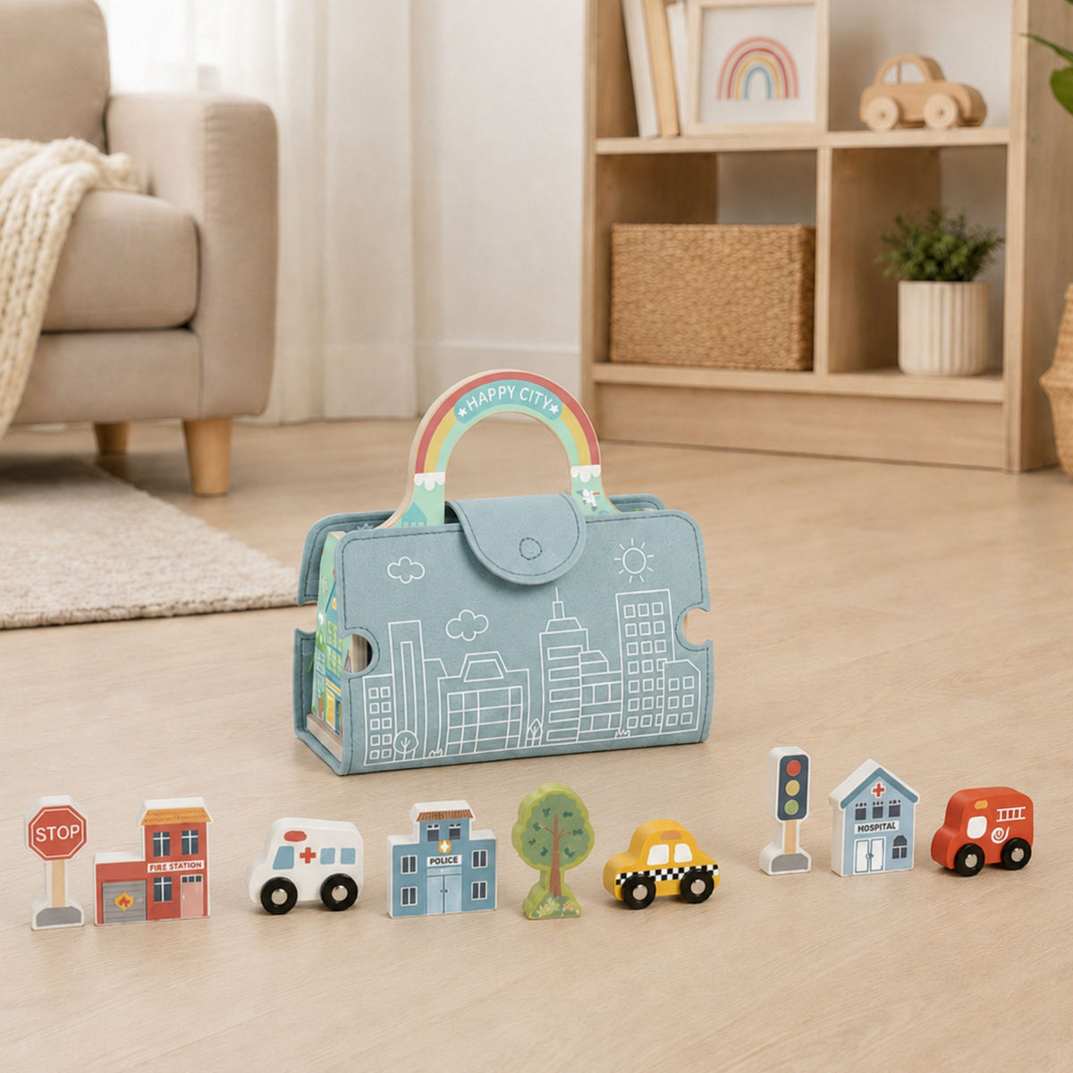 Tooky Toy nešiojamas medinis miesto rinkinys su krepšiu – nuotrauka 5