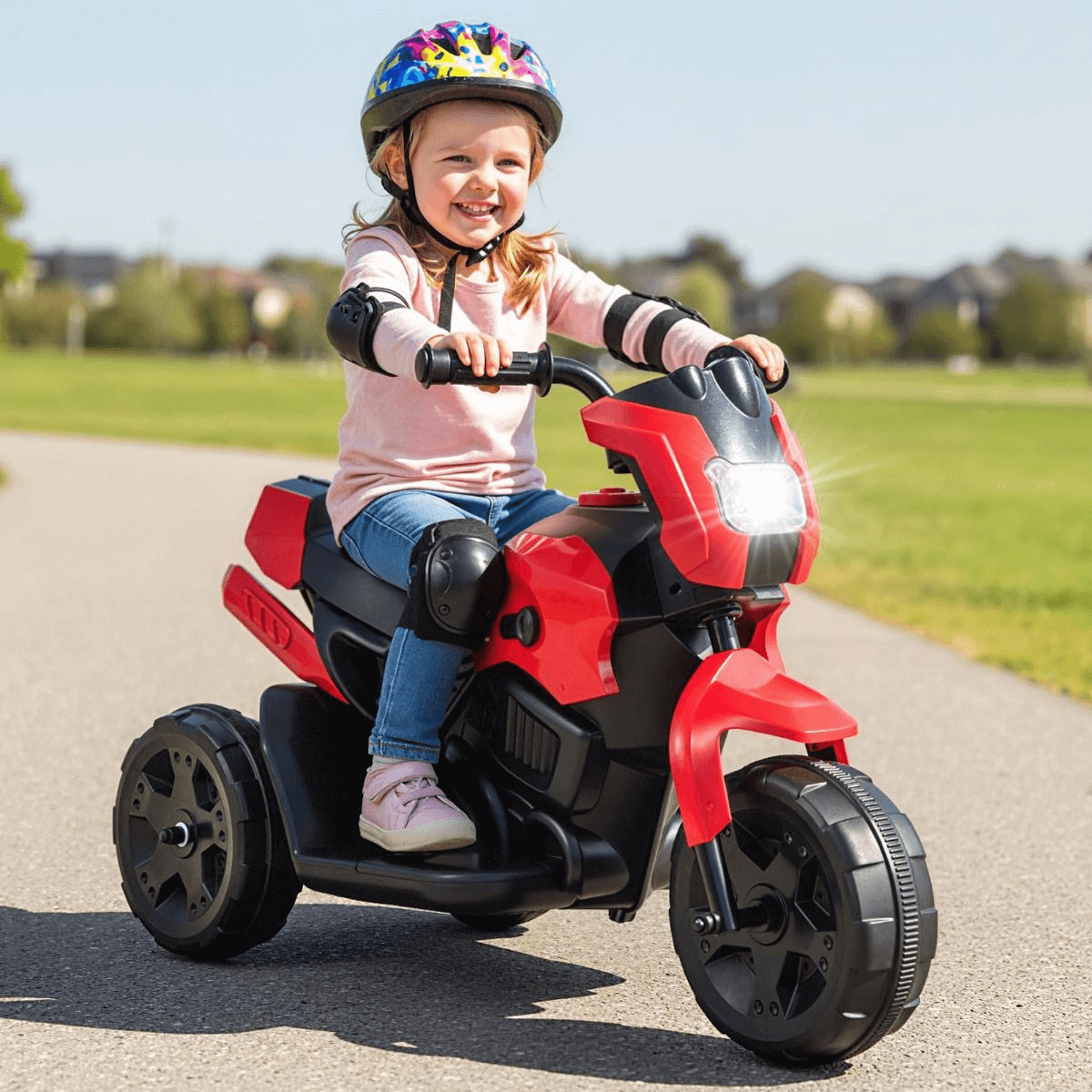 Triratis Vaikiškas Elektrinis Motociklas Su LED Žibintu 6 V, Raudonas Elektriniai Automobiliai