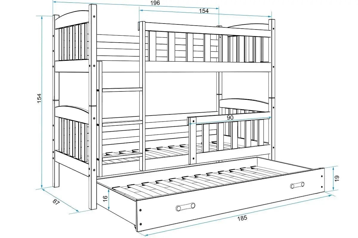 Trivietė Dviaukštė Vaikiška Lova "CUBUS" Su Papildoma Lova 80 x 190 cm Baltas Rėmas 9005 Lovos Dviaukštės