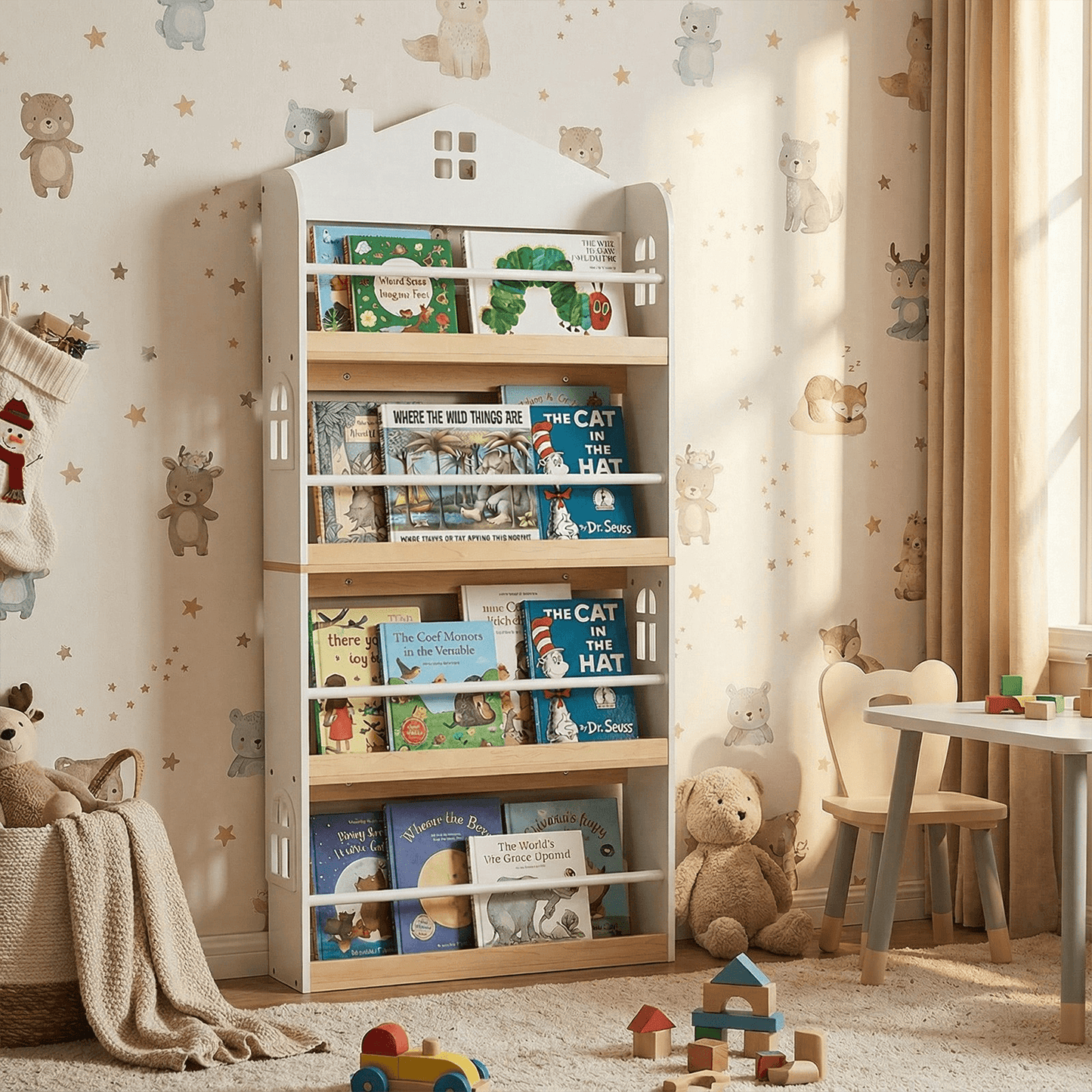 Vaikiška Knygų Lentyna Namo Formos 4 Aukštų su Apsaugomis Balta Žaislų Dėžės Ir Lentynos