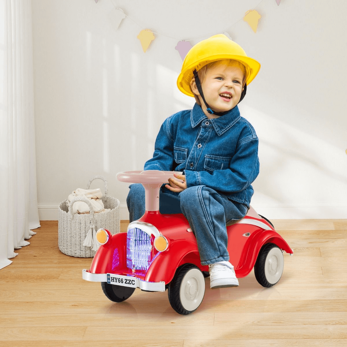 Vaikiška Mašinėlė Retro Stiliaus Su Garso Signalu Ir LED Žibintais, Raudonas Stumiamos Mašinėlės Vaikams
