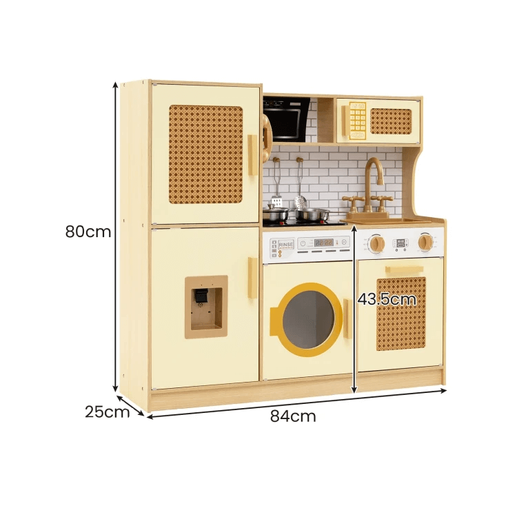 Vaikiška Medinė Virtuvė Su Rotango Durelėmis Ir Garso Efektais, Geltona Vaikiškos Virtuvėlės