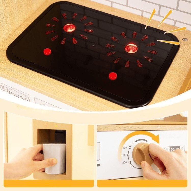 Vaikiška Medinė Virtuvė Su Rotango Durelėmis Ir Garso Efektais, Geltona Vaikiškos Virtuvėlės