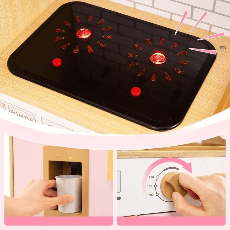 Vaikiška Medinė Virtuvė Su Rotango Durelėmis Ir Garso Efektais, Rožinė Vaikiškos Virtuvėlės