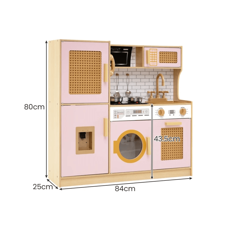Vaikiška Medinė Virtuvė Su Rotango Durelėmis Ir Garso Efektais, Rožinė Vaikiškos Virtuvėlės
