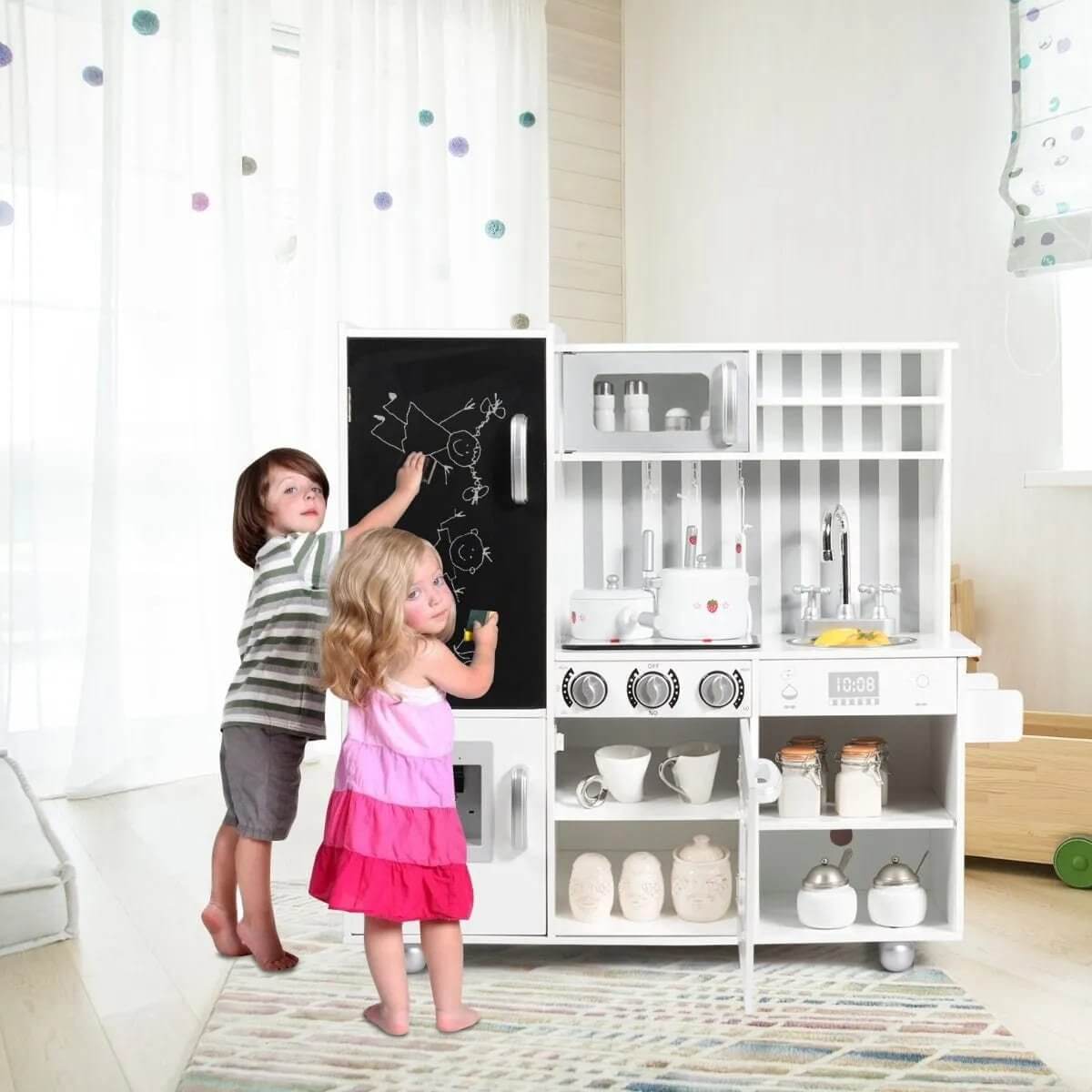 Vaikiška Medinė Virtuvėlė Su Šviesa Garsu ir Piešimo Lenta 83 x 32 x 80 cm Vaikiškos Virtuvėlės