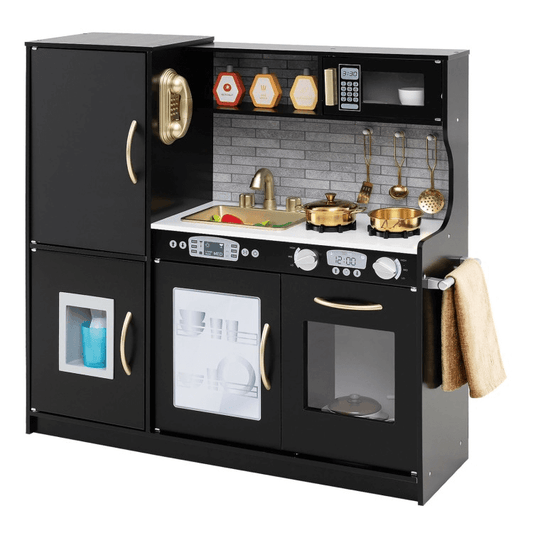 Vaikiška Medinė Virtuvėlė Su Telefonu, Indaplove Ir kitomis tikroviškomis Funkcijomis, Juoda Vaikiškos Virtuvėlės