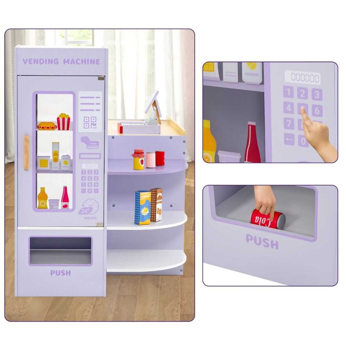Vaikiška Medinė Žaidimų Parduotuvė Vaikams Su Daug Priedų Violetinė 89 × 57 × 80 cm Vaikiškos Virtuvėlės