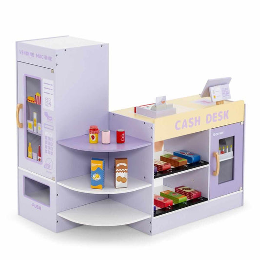 Vaikiška Medinė Žaidimų Parduotuvė Vaikams Su Daug Priedų Violetinė 89 × 57 × 80 cm Vaikiškos Virtuvėlės