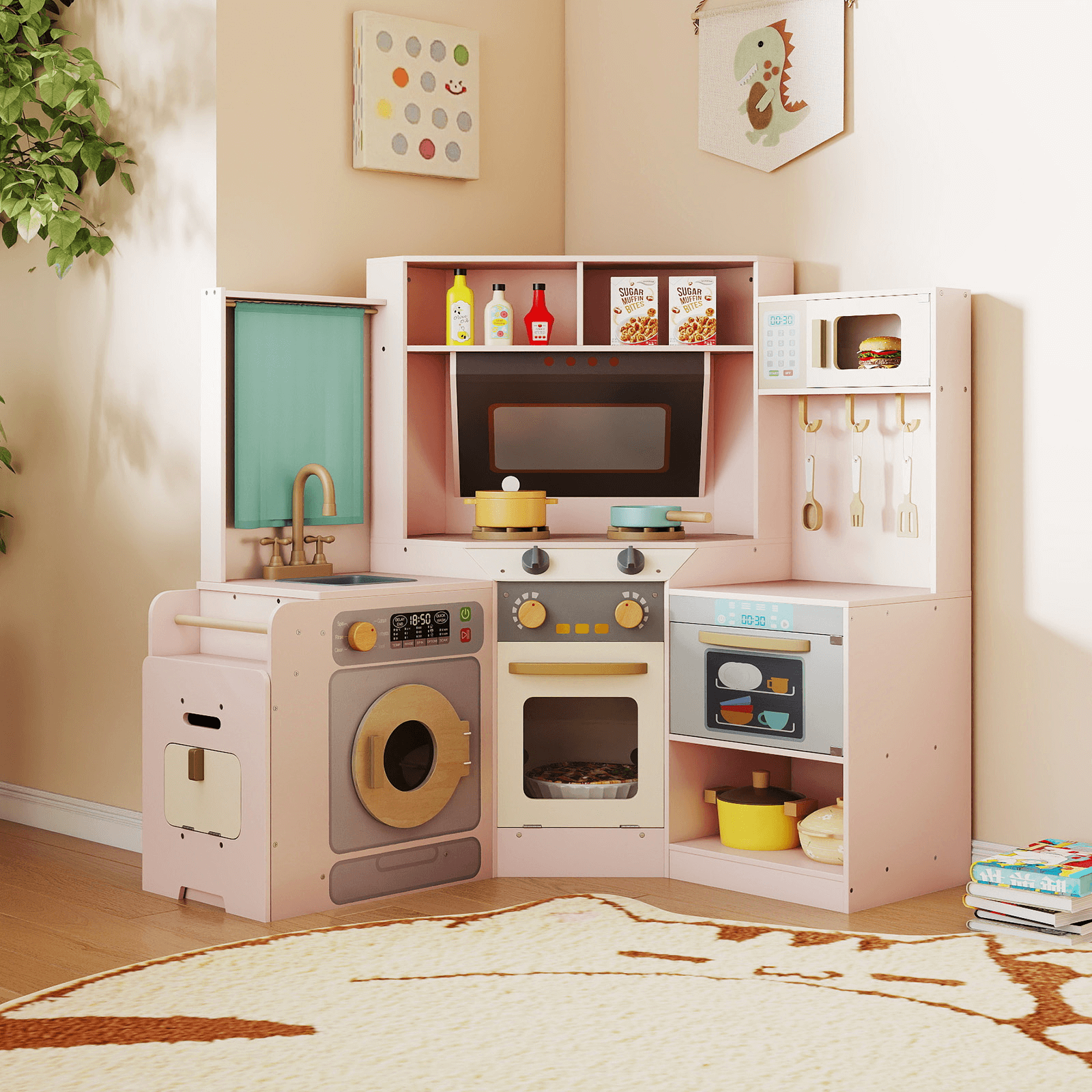 Vaikiška Virtuvėlė Su Skalbimo Mašina Ir Indaplove, Rožinė Vaikiškos Virtuvėlės