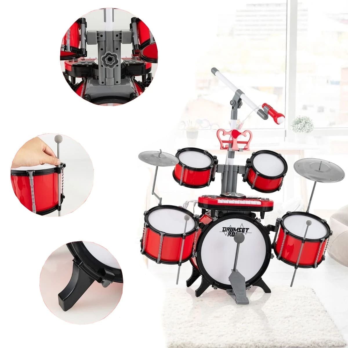 Vaikiškas Būgnų Rinkinys Su Mikrofonu Ir 8 Klavišų Pianinu Nuo 3 Metų Muzikos Instrumentai