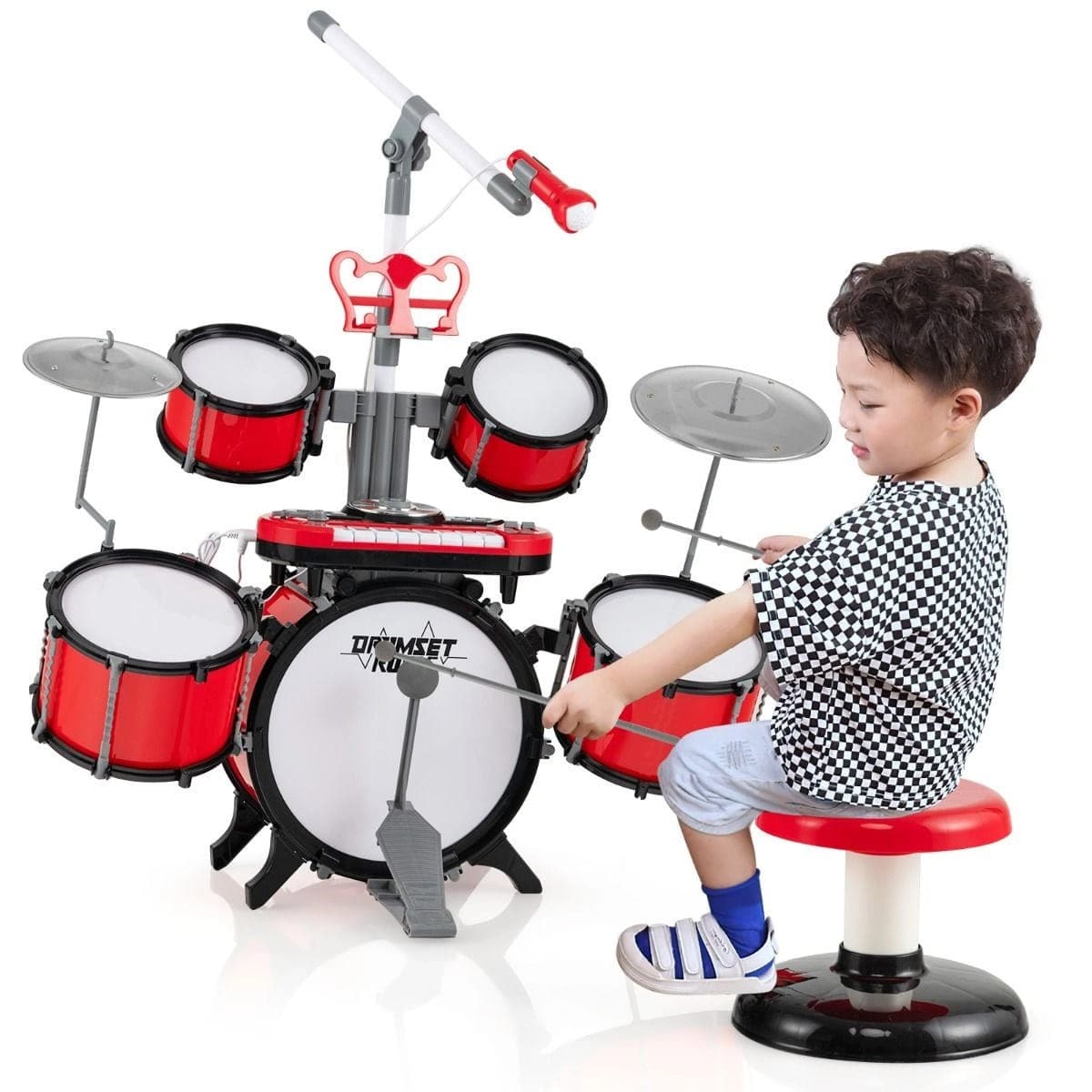 Vaikiškas Būgnų Rinkinys Su Mikrofonu Ir 8 Klavišų Pianinu Nuo 3 Metų Muzikos Instrumentai