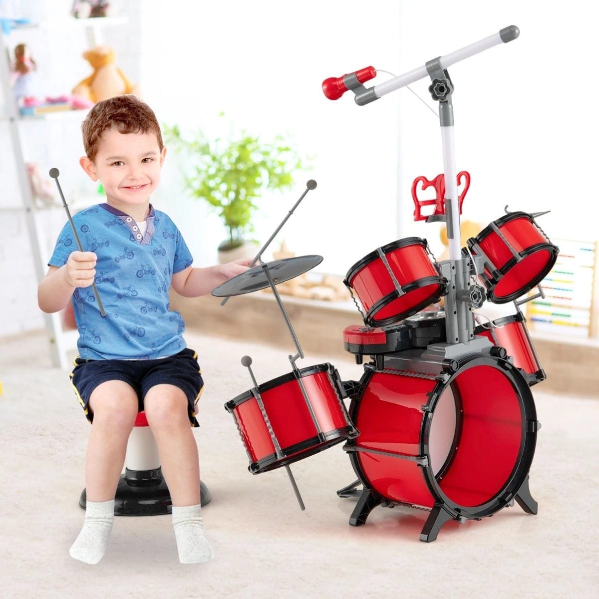 Vaikiškas Būgnų Rinkinys Su Mikrofonu Ir 8 Klavišų Pianinu Nuo 3 Metų Muzikos Instrumentai