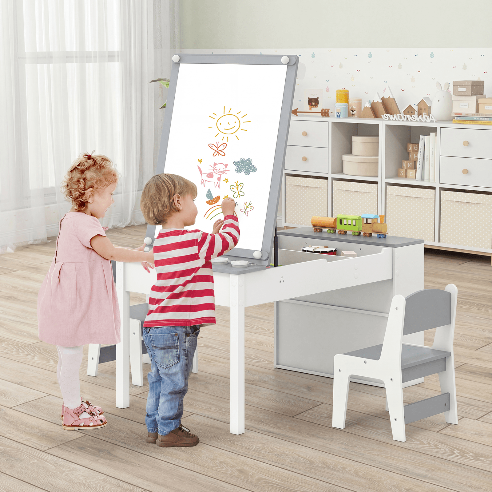Vaikiškas Dailės Stalas su Molbertu 2in1 su Laikymo Dėžėmis ir 2 Kėdėmis Staliukai Kėdutės