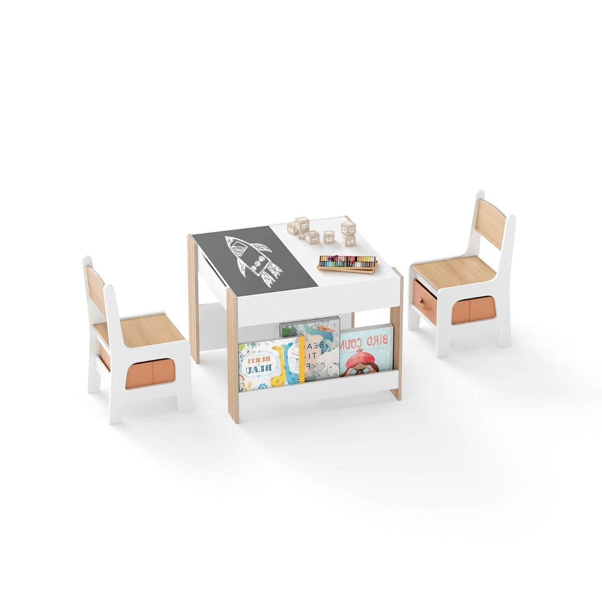 Vaikiškas Dvipusis Stalas Su Kreidos Ir Žymeklių Lenta Ir 2 Kėdėmis, Natūrali Spalva Staliukai Kėdutės
