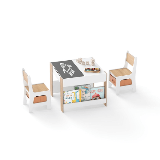 Vaikiškas Dvipusis Stalas Su Kreidos Ir Žymeklių Lenta Ir 2 Kėdėmis, Natūrali Spalva Staliukai Kėdutės
