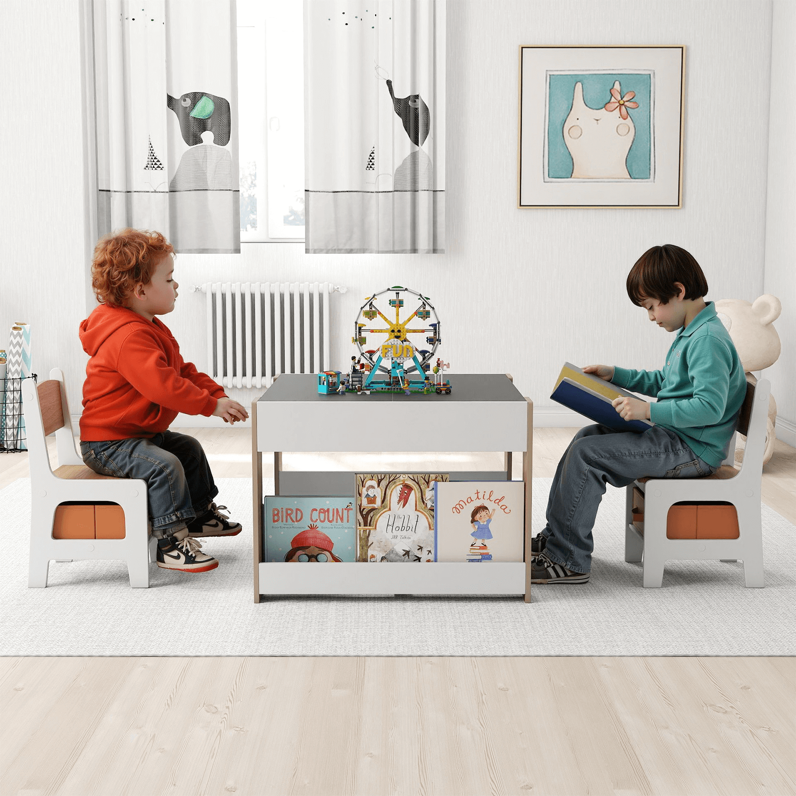 Vaikiškas Dvipusis Stalas Su Kreidos Ir Žymeklių Lenta Ir 2 Kėdėmis, Natūrali Spalva Staliukai Kėdutės