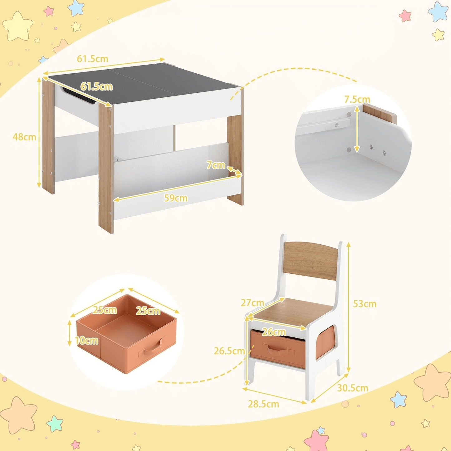 Vaikiškas Dvipusis Stalas Su Kreidos Ir Žymeklių Lenta Ir 2 Kėdėmis, Natūrali Spalva Staliukai Kėdutės