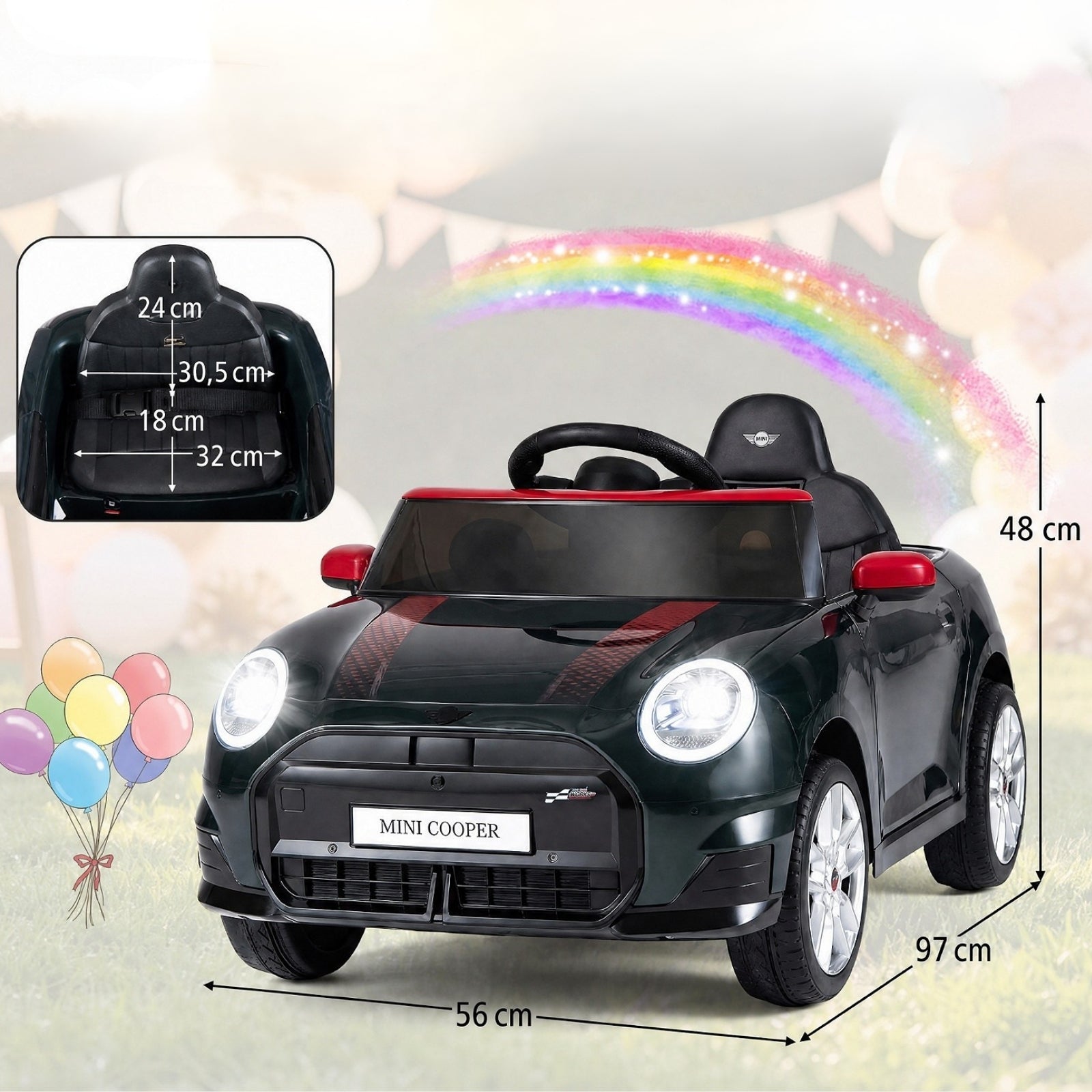 Juodo vaikiško elektrinio automobilio matmenų schema