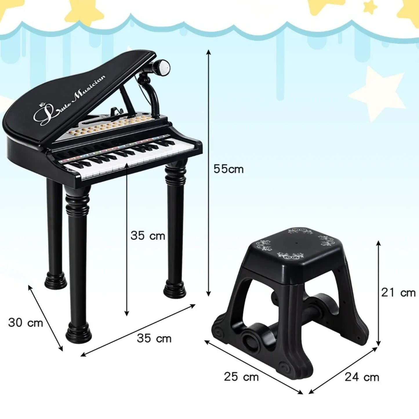 Vaikiškas Elektrinis Fortepijonas Su Kėdute, Juodas Vaikiškas Muzikos Instrumentas