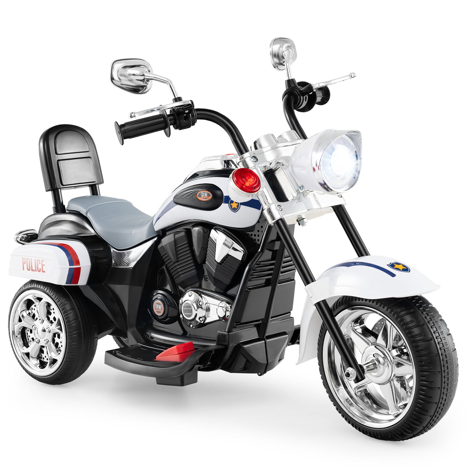 Baltas vaikiškas elektrinis triratis motociklas baltame fone